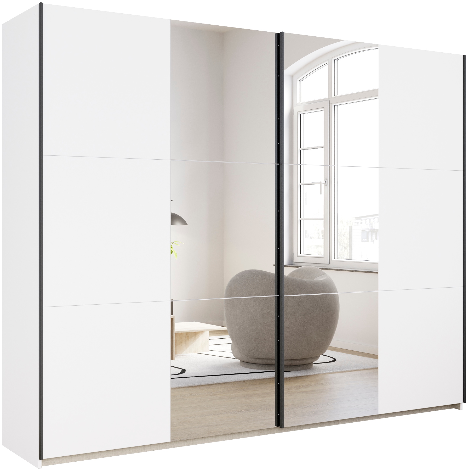 Schwebetürenschrank RAUCH "Kleiderschrank Drehtürenschrank Schrank Garderobe KRONACH TOPSELLER", weiß (alpinweiß, griffleisten grau, 2 spiegel), B:261cm H:210cm T:59cm, Holzwerkstoff, Schränke, Schwebetürenschrank, mit Spiegel und viel Stauraum,...