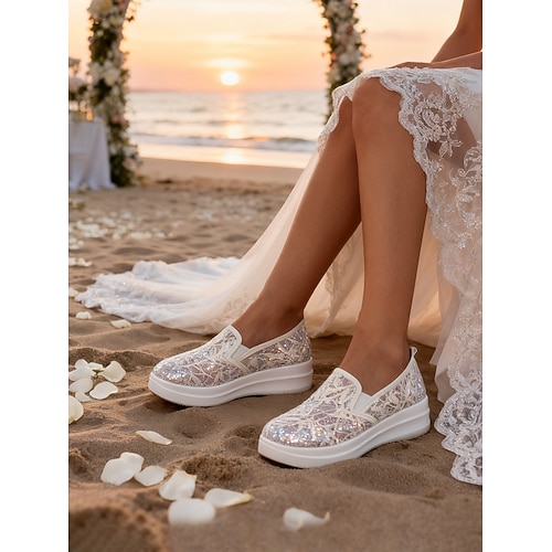 scarpe da sposa slip-on con plateau e pizzo scintillante da donna, comode scarpe da sposa glitterate per le spose, perfette per le cerimonie in spiaggia abiti da luna di miele al mare