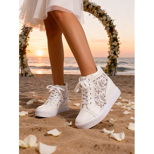 sneakers alte da sposa in pizzo bianco da donna con zeppa nascosta, comode scarpe da sposa per le spose, perfette per le cerimonie in spiaggia abiti da luna di miele al mare