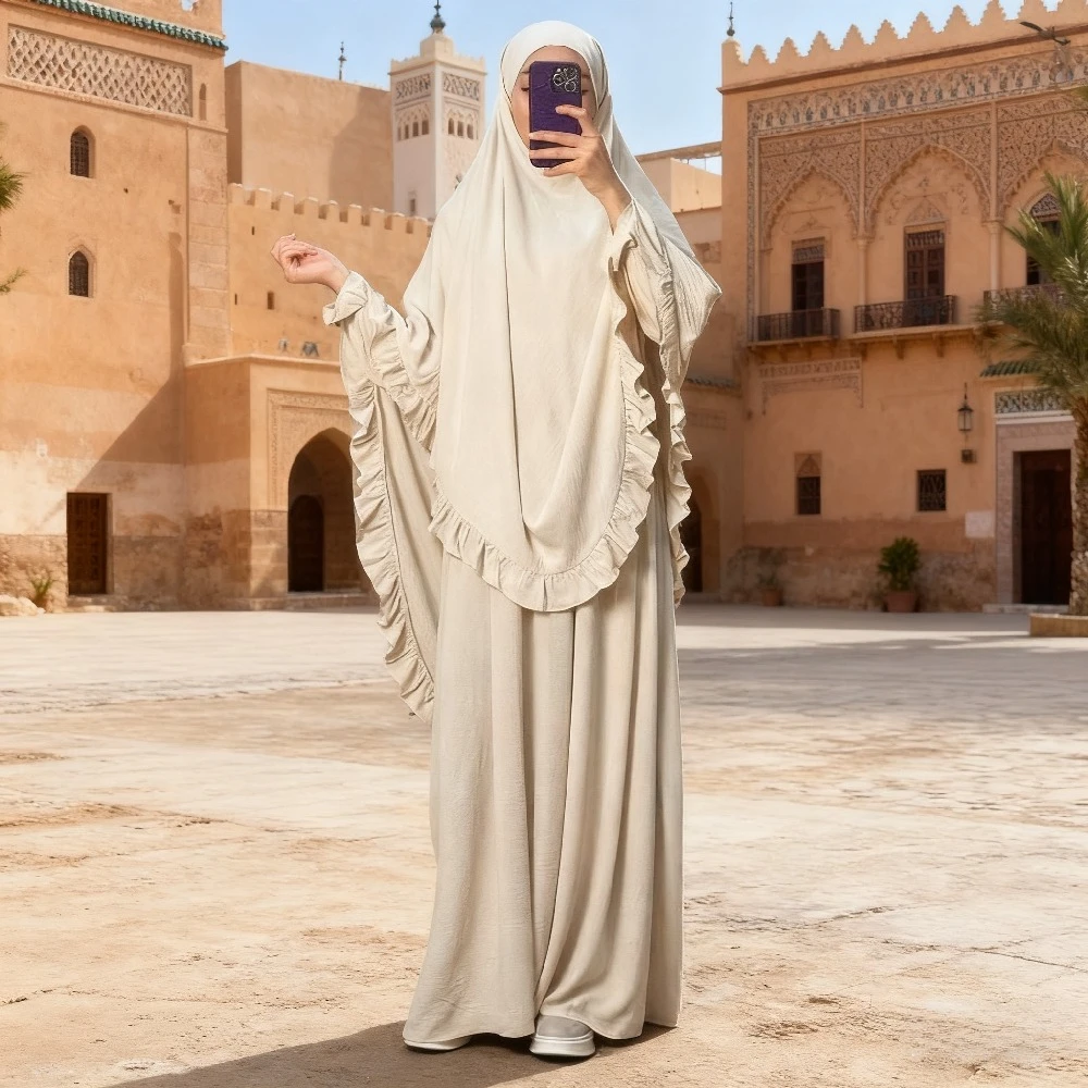 Eid Frauen Gebetskleidungsstück 2-teiliges Set Langes Khimar mit Kleid Muslimisches Abaya Set Ramadan Hijab Sets Niqab Jilbab Musulman Ensembles Image