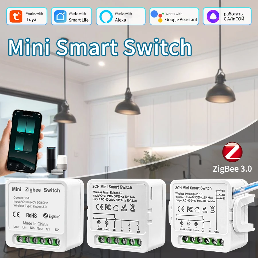 Tuya ZigBee3.0 Smart Switch Modul 16A Smart Home DIY Relais Breaker 1/2/3 Gang APP Sprachsteuerung Funktioniert mit Alexa Google Home Image