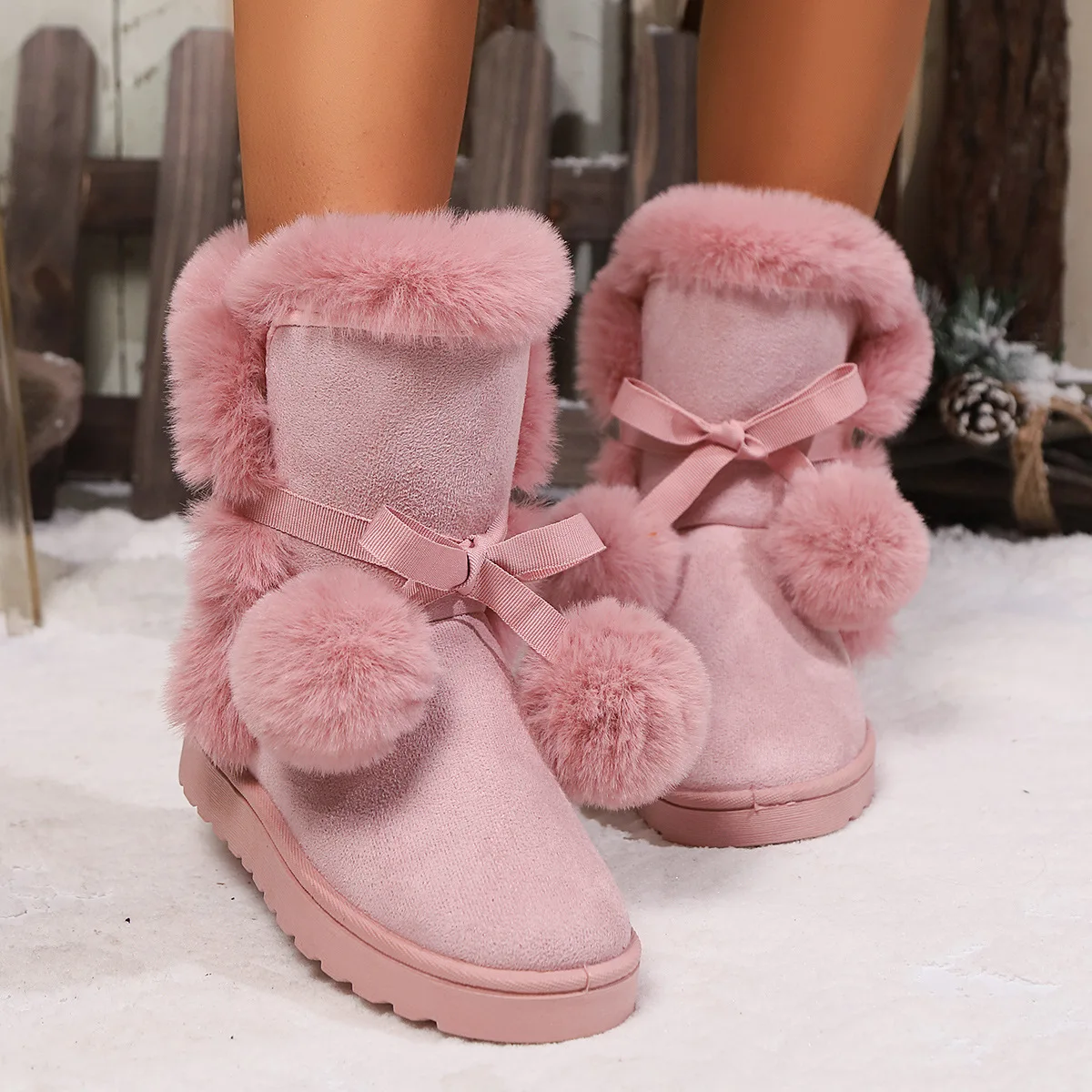 Damen-Schneestiefel, warmer Plüsch, bequeme Plateauschuhe, Damen-Schnürstiefel mit mittlerer Wade, rosa Stiefel, rutschfeste Winterschuhe für Damen, Booties