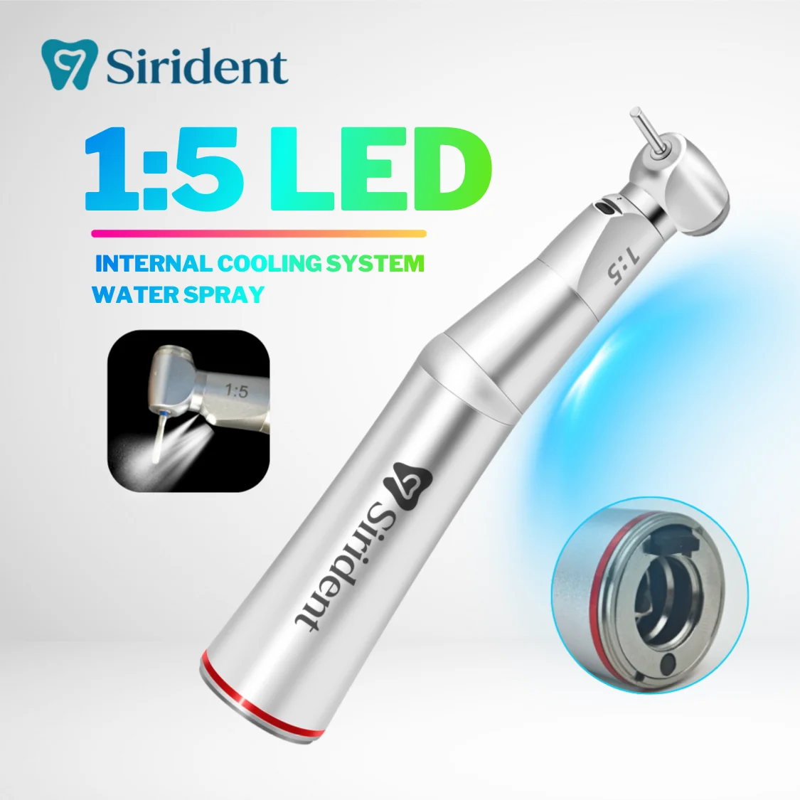 1:5 LED-Glasfaser-Winkelstück, zunehmender Druckknopf, rotes Ring-Design, zahnärztliches Handstück, E-Typ-Verbindung, Verwendung mit Mikromotor Image