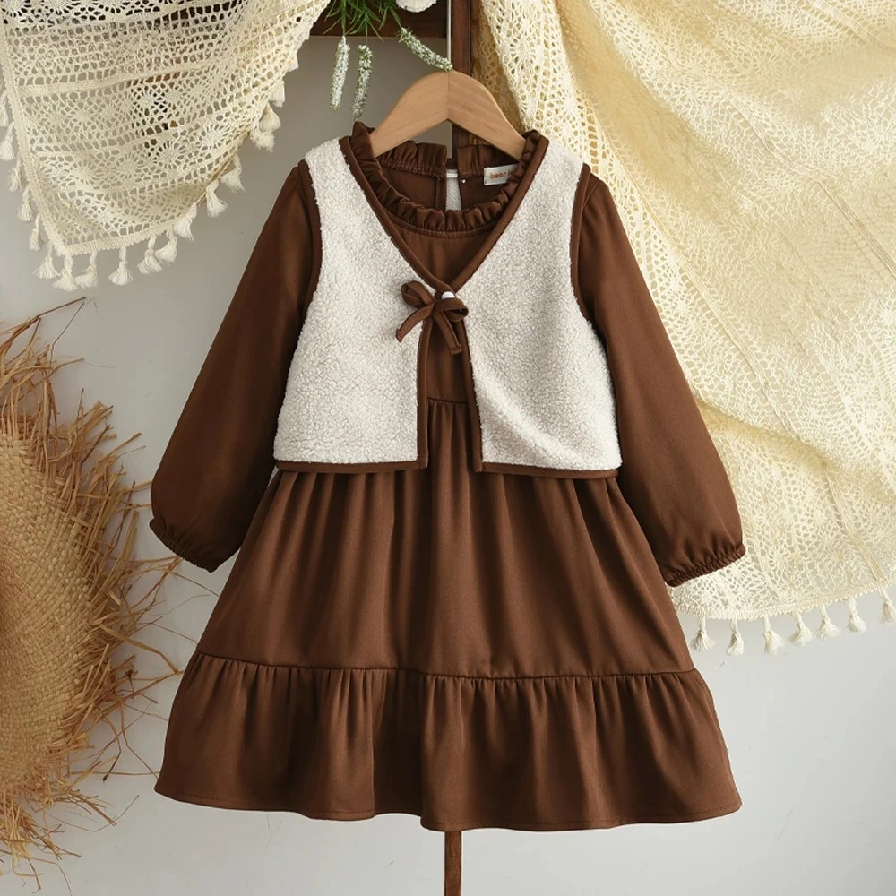 Frühling und Herbst Neue 2-teiliges Set Süße Kinder Kleidung Mädchen Kaffee Farbe Langarm Kleid + Beige Teddy samt Weste Image