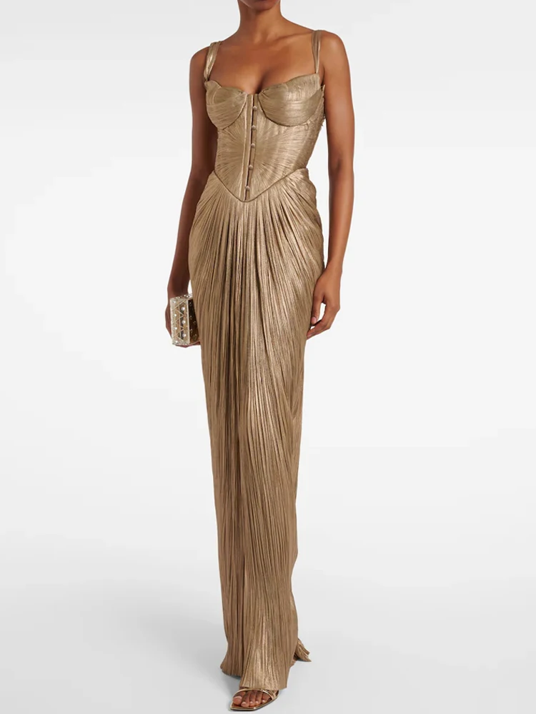 Lässiges, ärmelloses, rückenfreies Partykleid mit Schnürung, sexy V-Ausschnitt, drapiertes, schlankes Hosenträgerkleid für Damen, elegantes, langes Abschlussballkleid mit hoher Taille Image