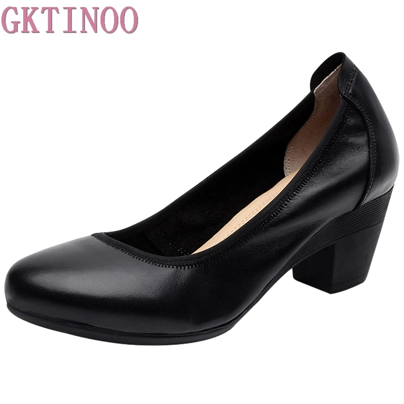 GKTINOO 2025 Leder OL Frauen Schuhe Dicke Med Heels Dame Büroarbeit Schuhe Frühling Herbst Flache Pumpen Plus Größe 33-43