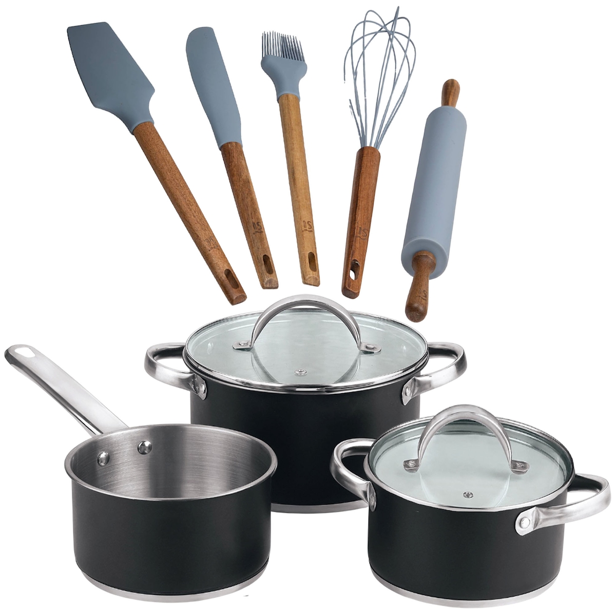 BERGNER - 5-teiliges Edelstahl-Kochgeschirrset (16/18/20cm), geeignet für Induktionskochfeldermit 5 Küchenutensilien aus Silikon und Holz Image