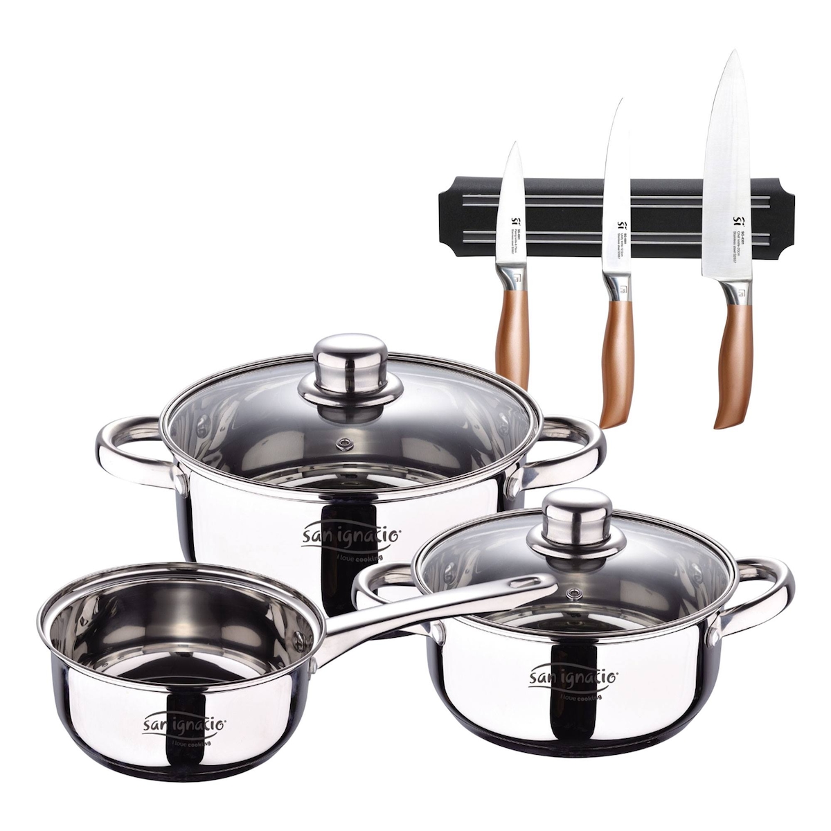 BERGNER - 5-teiliges Edelstahl-Kochgeschirrset (16/18/20cm), geeignet für Induktionsherde, mit 3-teiligem Messerset und magnetischer Wandhalterung Image