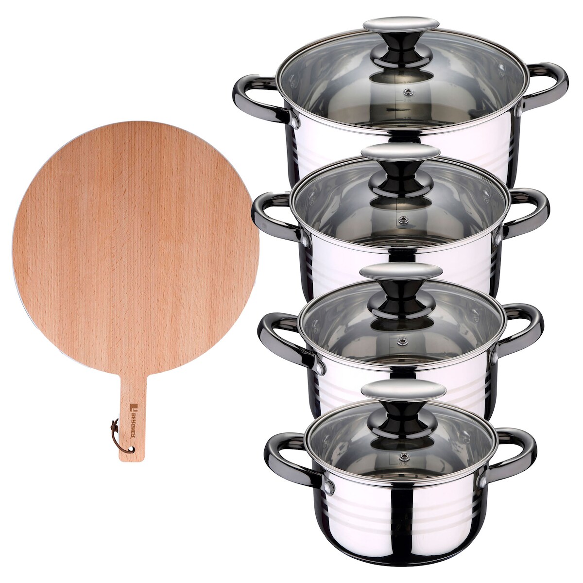 BERGNER - DINA 8-teiliges Kochgeschirr-Set (16/18/20/24cm) aus Edelstahl, induktions, mit einem runden Schneidebrett aus Buchenholz (38x28x1,5cm) Image