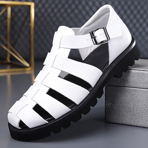 Weiße Herren-Sandalen mit Riemchen und verstellbarer Schnalle – bequemes, modisches Schuhwerk für Sommer, Outdoor-Aktivitäten und Freizeit. Image