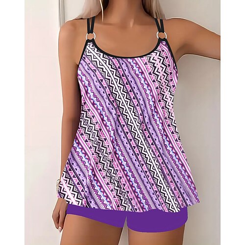 Damen Badeanzug Zweiteilig Shorts Bademode Rückenfrei Urlaub Strandbekleidung Blumen Rundhals Ärmellos Badeanzüge Image