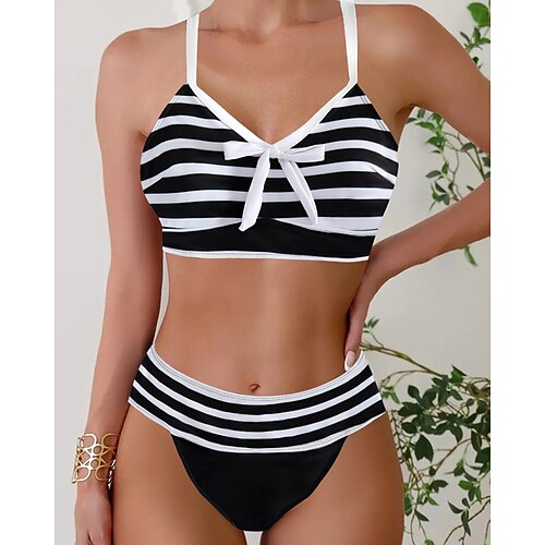 Damen Badeanzug Zweiteilig Freche Unterhose Bademode Rückenfrei Urlaub Strandbekleidung Gestreift V Ausschnitt Ärmellos Badeanzüge Image
