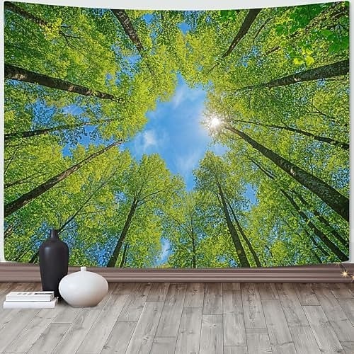 Naturwald-Berg-Wandteppich, grüner, nebliger Kiefernwald-Wandteppich für Schlafzimmer, ästhetischer Nebelwald-Himmel-Landschafts-Wandteppich für Wohnzimmer, Studentenwohnheim Image
