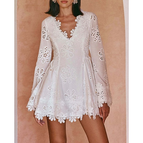 Damen Minikleid Spitzenkleid Sommerkleid Elegant Modern Outdoor Strand Urlaub Normale Passform Einfach Langarm V Ausschnitt Weiß Sommer Frühling Image