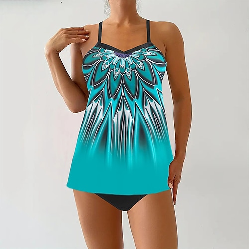 Damen Badeanzug Zweiteilig Freche Unterhose Bademode Rückenfrei Urlaub Strandbekleidung Grafik Rundhals Ärmellos Badeanzüge Image