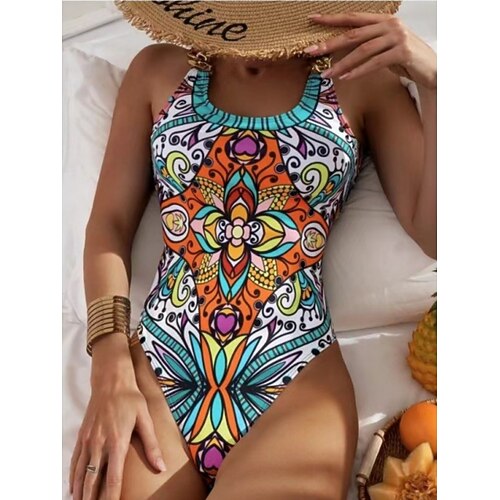Damen Einteiler Badeanzug Schlank machender Boho Monokini Bauchkontrolle Hohe Taille Slim Rückenfrei Urlaub Vintage Grafik Geometrischer U-Ausschnitt Ärmellose Bademode Image