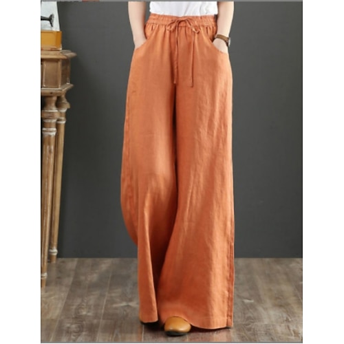 Damen Hose Sommerhose Baggy-Hosen Strandhose Elegant Urlaub Ethno-Stil Volle Länge Hohe Taille Kordelzug Weites Bein Unelastisch Strand Formell Lässig Violett Schwarz Orange Knackmandel Sommer Image