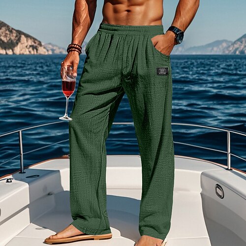 Herren Hose Sommerhose Strandhose Kordelzug Elastischer Bund Gerader Schnitt Einfach Komfort Atmungsaktiv Volle Länge Lässig Täglich Ferien Urlaub Mode Blau Schwarz Unelastisch Image