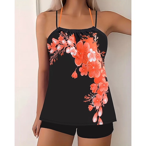 Damen Badeanzug Bikini Zweiteilig Shorts Bademode Rückenfrei Urlaub Strandbekleidung Blumen Rundhals Ärmellos Badeanzüge Image