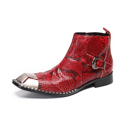 Rote Herren-Lederstiefel mit Schlangenmuster und Metallkappe – modisch und markant, ideal für auffällige Looks und Abendgarderobe Image