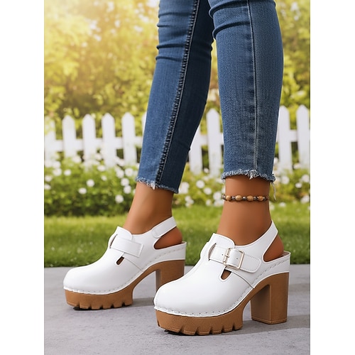 Damen Lässig Täglich Blockabsatz Runde Zehe Lässig Minimalismus Kunstleder Lackleder Schnalle Mandelfarben Schwarz Weiß Image