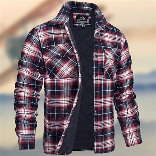 Herren Wintermantel Hemdjacke Freizeitjacke Outdoor Lässig Thermowarm Tasche Herbst Winter Herbst Winter Karomuster Streetwear Täglich Umlegekragen Regulär Weiß Burgunderrot Marineblau Himmelblau Image