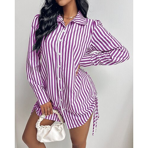 Damen Minikleid Hemdblusenkleid Freizeitkleid Elegant Mode Modern Täglich Büro Ferien Normale Passform Gestreift Langarm Hemdkragen Schwarz Rote Purpur Grün Frühling Herbst Winter Image
