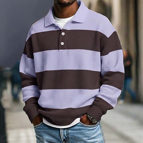 Herren Horizontale Streifen Waffel-Poloshirts Rugby-Poloshirt Rugby-Poloshirts Langarm Polo-Shirts Revers Sportbekleidung Lässig Schule Athleisure Alltagskleidung 3D-Druck Frühling Herbst Winter Blau Image