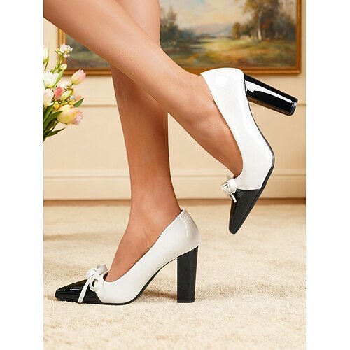 Zweifarbige grüne und weiße Damen-Pumps mit Blockabsatz – spitze Zehenpartie mit Schleifendetail, elegante Schuhe im Vintage-Chic-Stil der 1950er Jahre für Büro, Partys und Alltagsoutfits Image