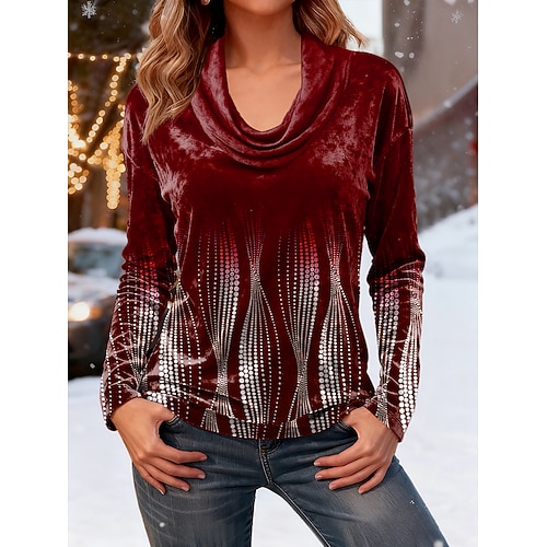 Damen Tunika T-Shirt Druck Gestuft Grafik Geometrisch Elegant Vintage Mode Langarm Wasserfallausschnitt Normale Oberteile Täglich Ausgehen Wochenende Wein Königsblau Purpur Grün Herbst Image