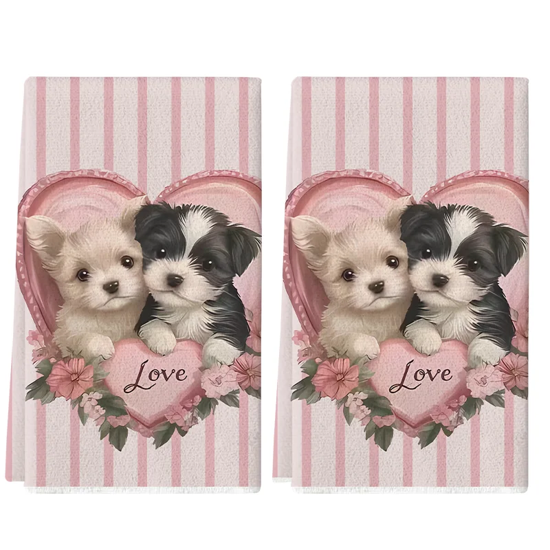 2 Stück, Küchentuch mit rosa Streifen und Herz- "Love"-Motiv zum Valentinstag, 40 cm x 60 cm, Handtuchset, super saugfähiges, weiches Reinigungstuch, Küchen- und Backtuch, Handtuch, Reinigungstuch, Image