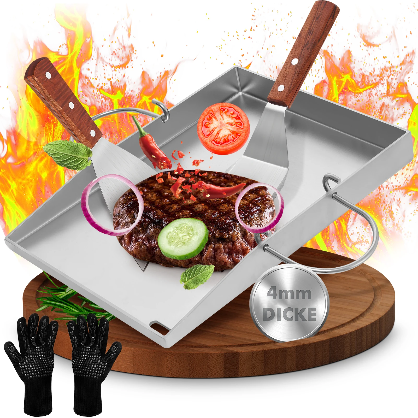 Grill Pan Set Für Camping Plancha Grill Platte Mit Spachtel BBQ Grillen Körbe Outdoor Lebensmittel Tablett Für Holzkohle Grill Image