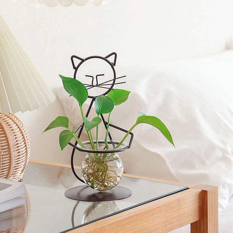 1 Hydrokultur-Vasenbehälter aus Metall für Katzen, Blumentopf für den Innenbereich, Glasvase, Behälter, Ökosystem-Behälter, ideal für Wohnzimmer oder Büro Image