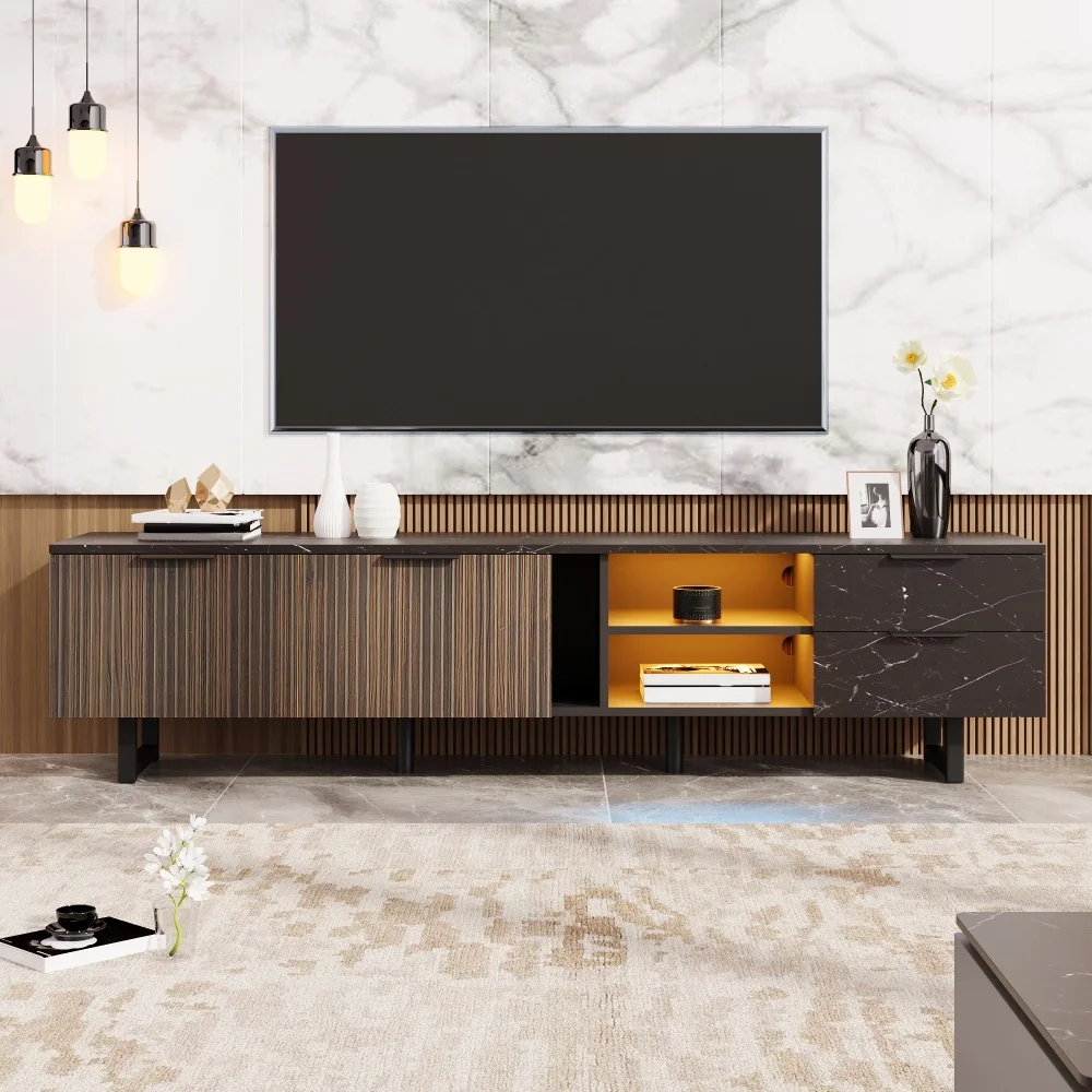 TV-Schrank, TV-Lowboard mit LED-Beleuchtung, Stauraum mit Zwei Türen und Zwei Schubladen, Schwarze Marmoroptik