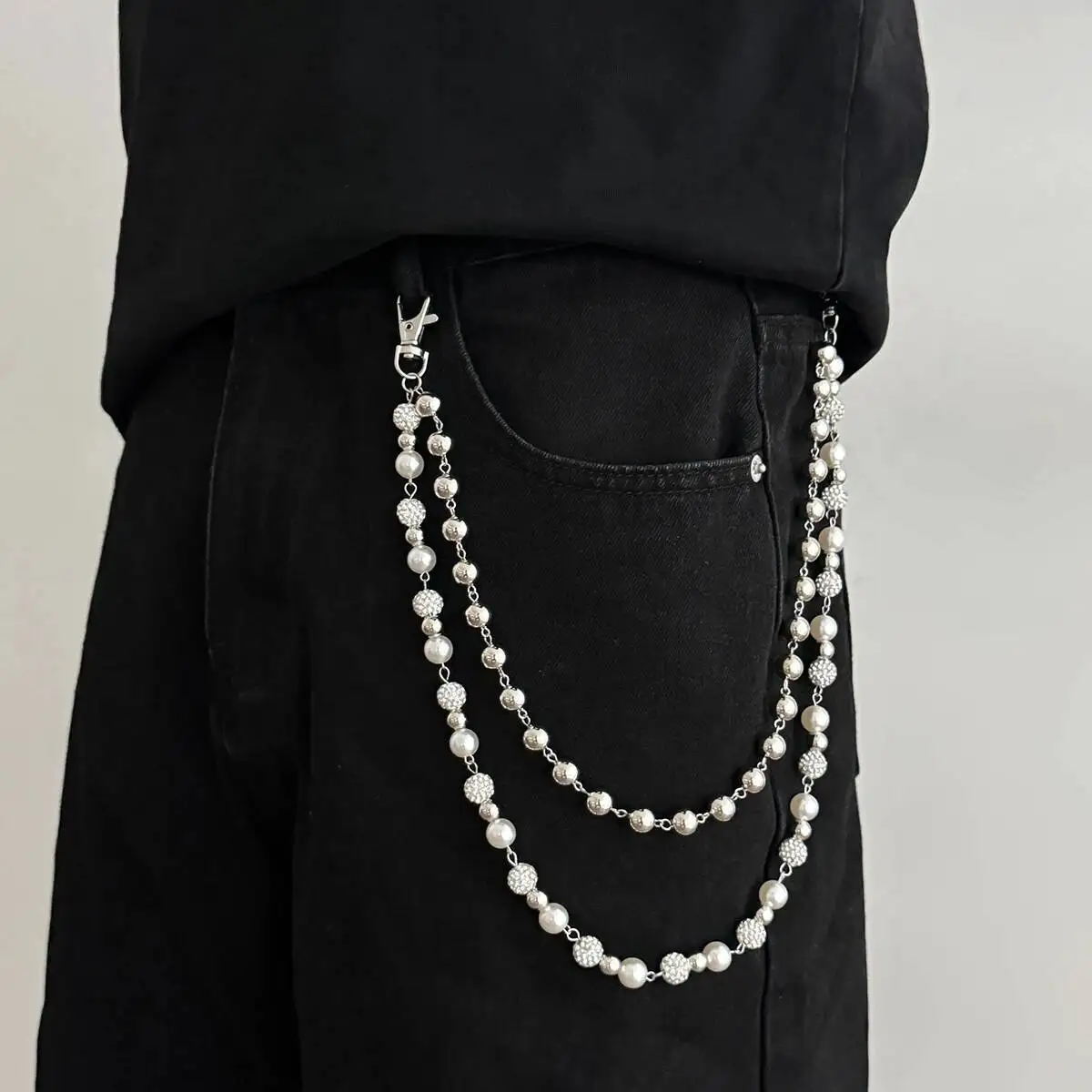 KunJoe Punk Doppelschicht Strass Perlen Schlüsselbund Hosen Kette Für Männer Trendy Imitation Perle Hosen Jeans Kette Zubehör Image