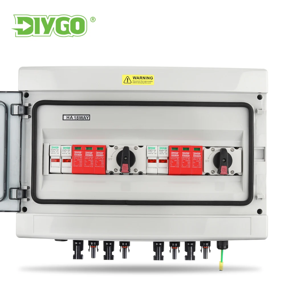 Solar-Photovoltaik, 2 Eingänge, 2 Ausgänge, DC 1000 V, PV-Kombinatorbox mit Blitzschutzsicherung, MCB, SPD, wasserdichte Box, IP65, 18 Wege Image