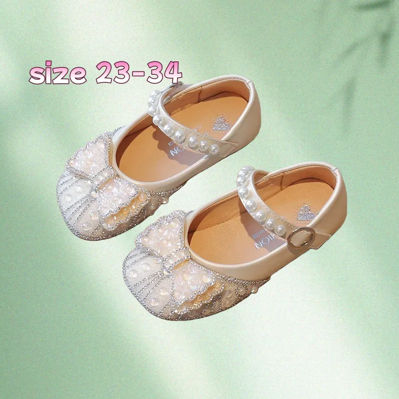 Größe 23–34 Silber Schleife Niedliche Prinzessin Flache Schuhe für Mädchen im Teenageralter Lässiger niedriger Vamp Student Performance Tanzschuh Mode Gold