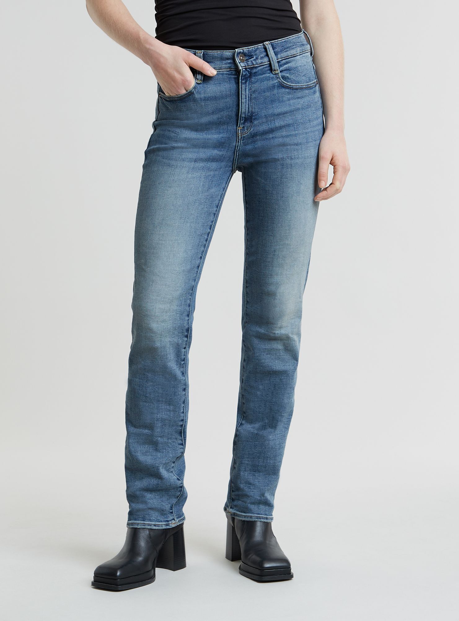 5-Pocket-Jeans G-STAR "Strace Straight Jeans", Damen, Gr. 27, Länge 32, sun faded niagara, Obermaterial: 65% Baumwolle, 27% Baumwolle, 6% Elastomultiester, 2% Elasthan, Jeans 5-Pocket-Jeans