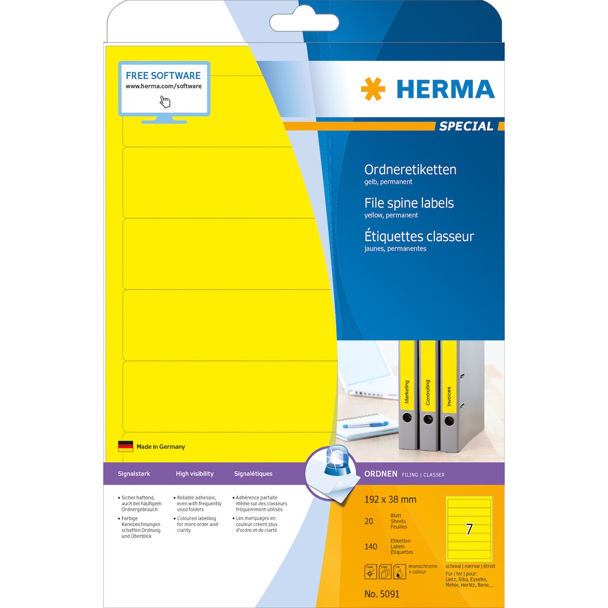 HERMA Ordneretikett 5091 kurz/schmal sk gelb 140 St./Pack. Image