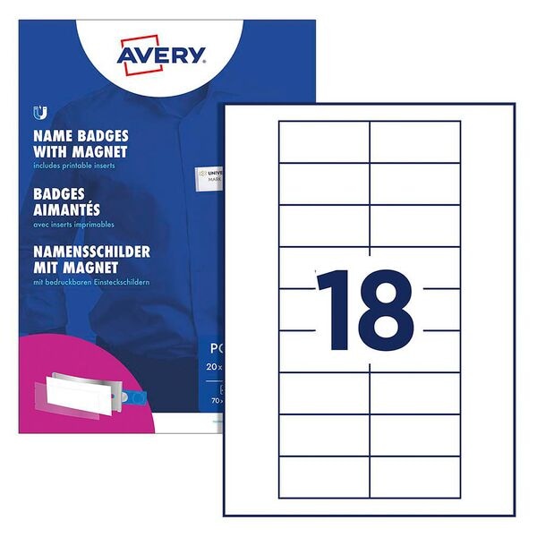 Avery Zweckform Namensschilder mit Magnet 70,0/30,0 mm 20 Stück, 7x3 cm Image