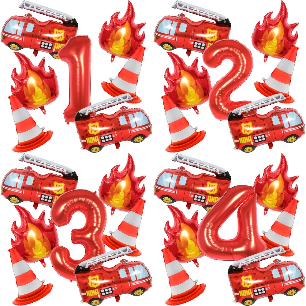 1Set Feuerwehrauto Luftballons Set Rot 32 Zoll Anzahl Ballon Flamme Luftballons Für Baby Dusche Feuerwehrmann Geburtstag Party Dekoration Image