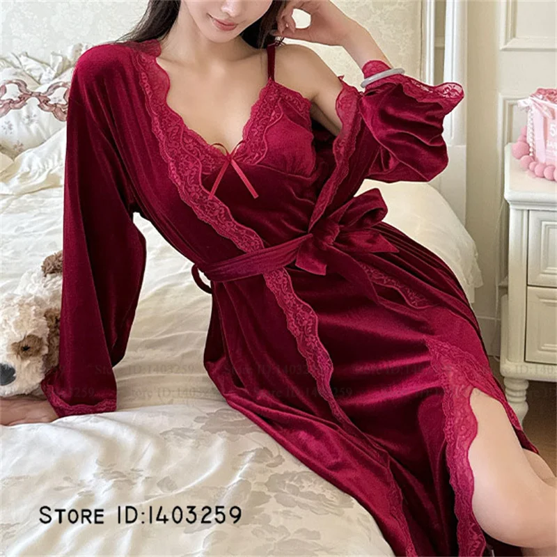 Elegante Samt Lange Robe Nachthemd Set Weibliche Nachtwäsche Sexy Spitze Dessous Homewear Herbst Winter Velour Bademantel Lounge Tragen Image