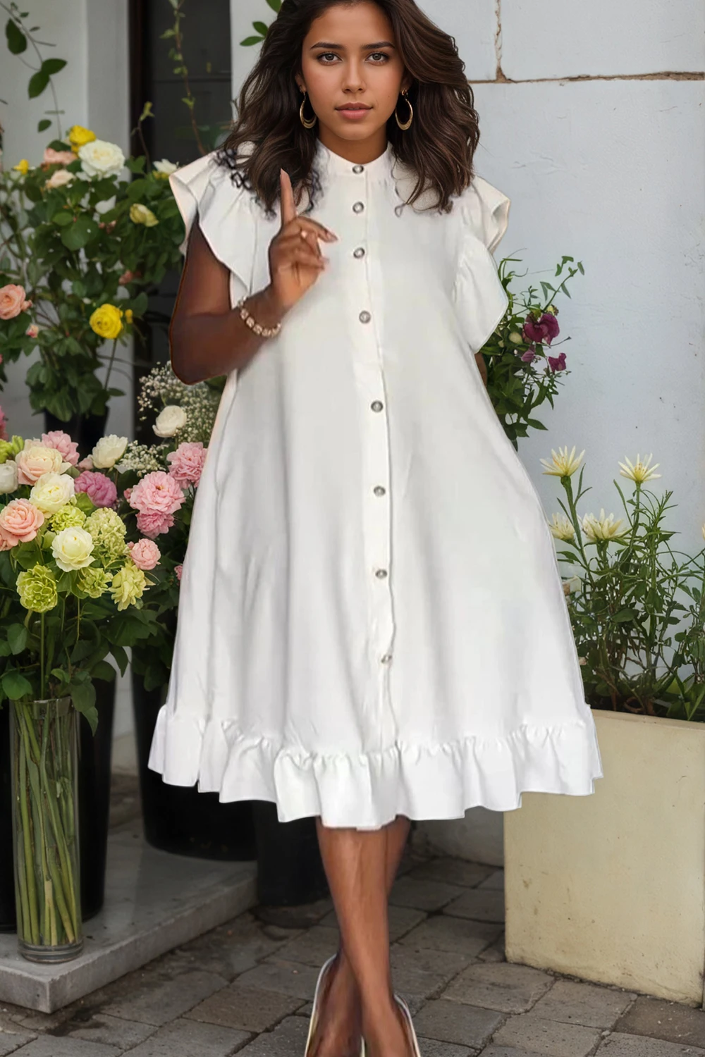 Frauen Plus Größe Kleid Rüschen Ärmel Stehkragen Weiß Süße Casual Lose A-Line Plissee Midi Kleid Sommer Taste Vintage Kleid