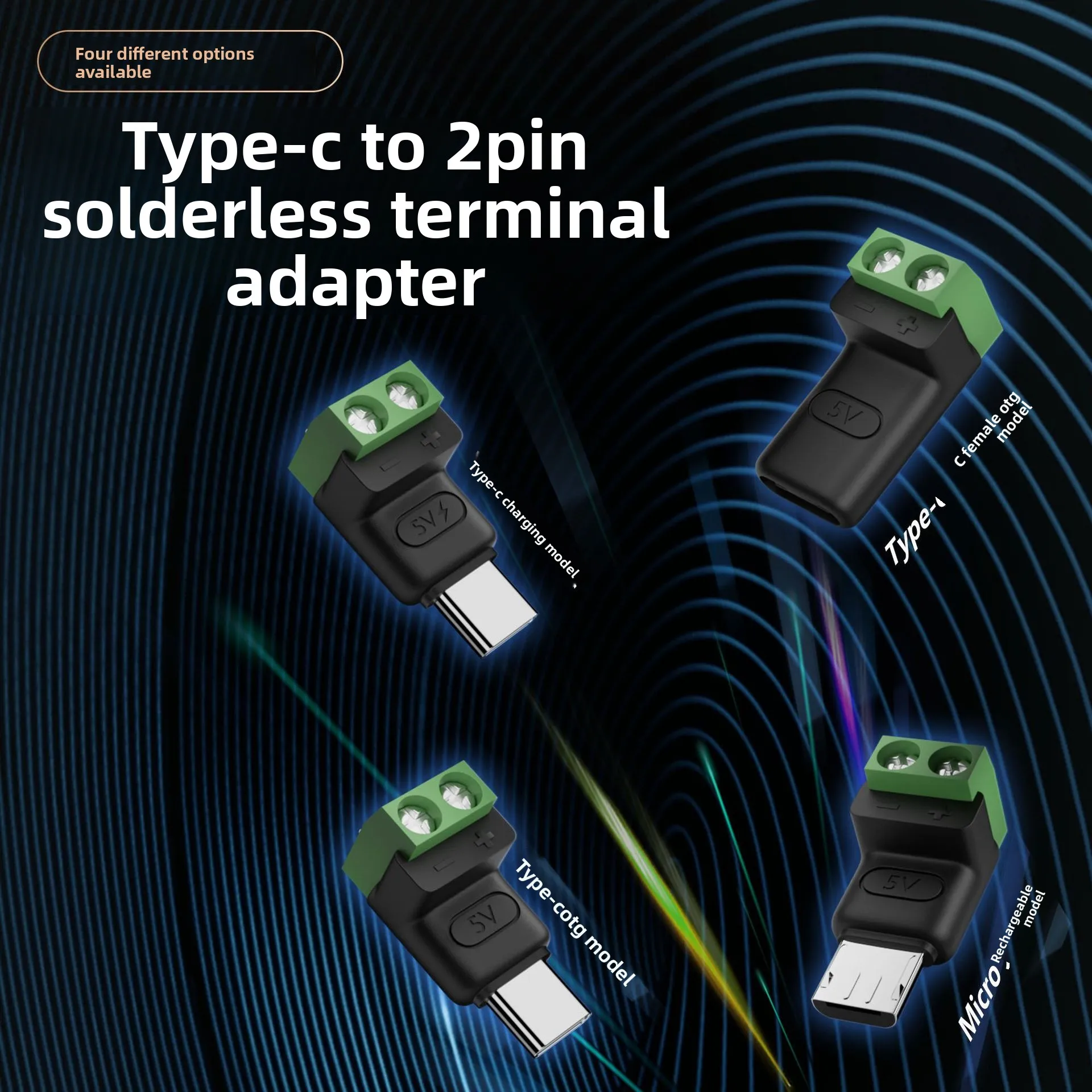 Typ C, männlich, weiblich, Micro-USB, 5 V auf 2 Pin, kein Löten, grüner Anschlussadapter, Schnellverbindungskopf zum Laden von Telefonen, Tablets Image