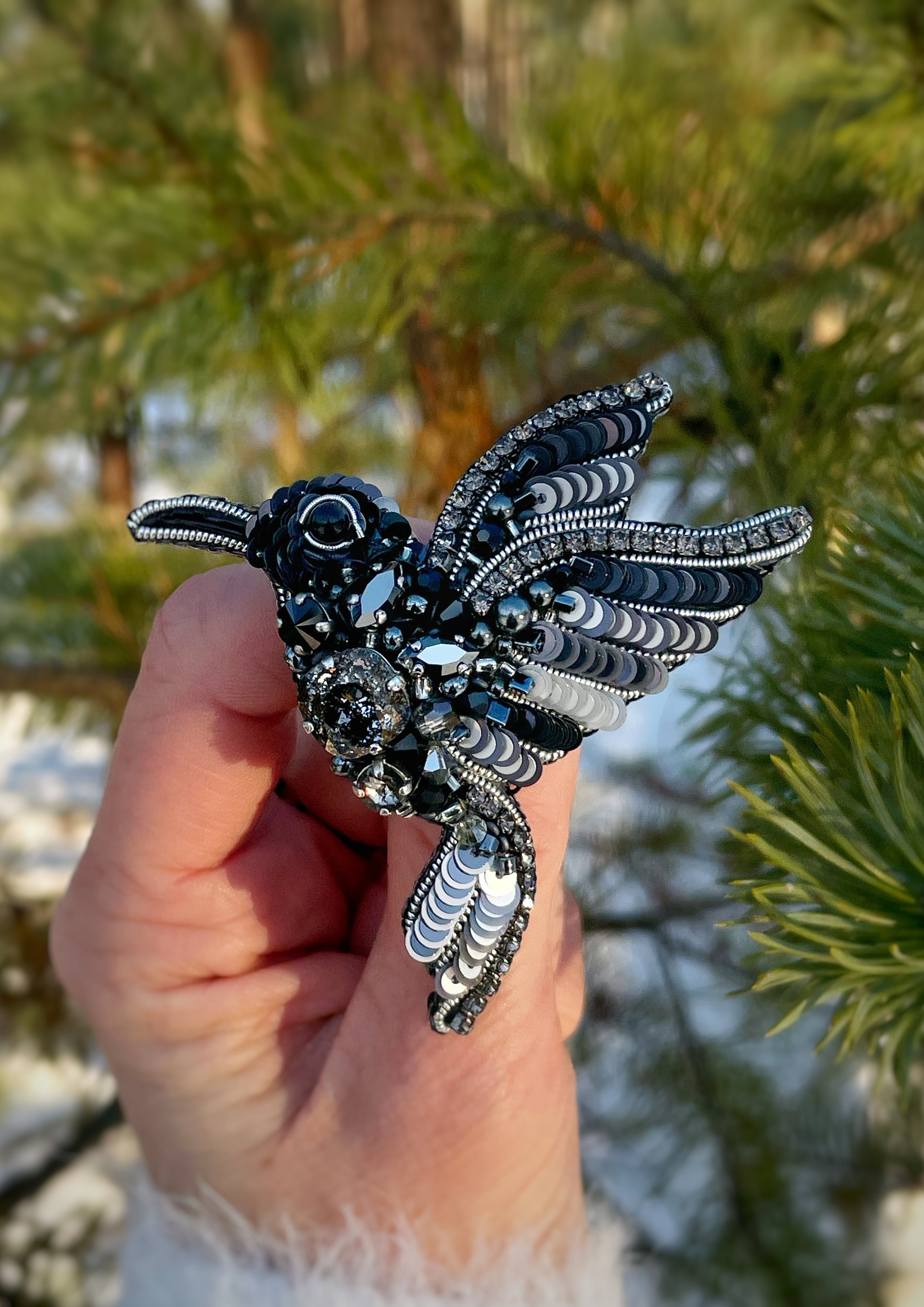 Spilla a forma di uccello, spilla di cristallo, spilla di cristallo, spilla sfusa, spilla con perline nere, spilla da donna, spilla moderna, spilla a