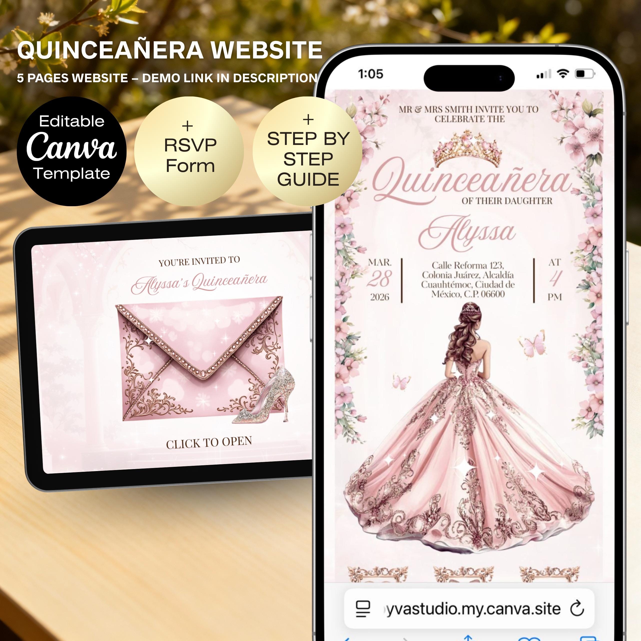 Sito web di invito Quinceañera / Modello Canva modificabile per il 15o compleanno / Sito web di Quince digitale / Tracker RSVP / Invito Quinceañera in