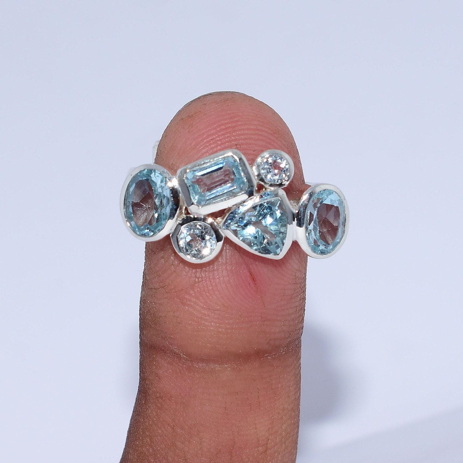 Anello con topazio blu naturale, anello con pietra preziosa, argento sterling 925, anello con topazio boho, anello importante con topazio blu, anello