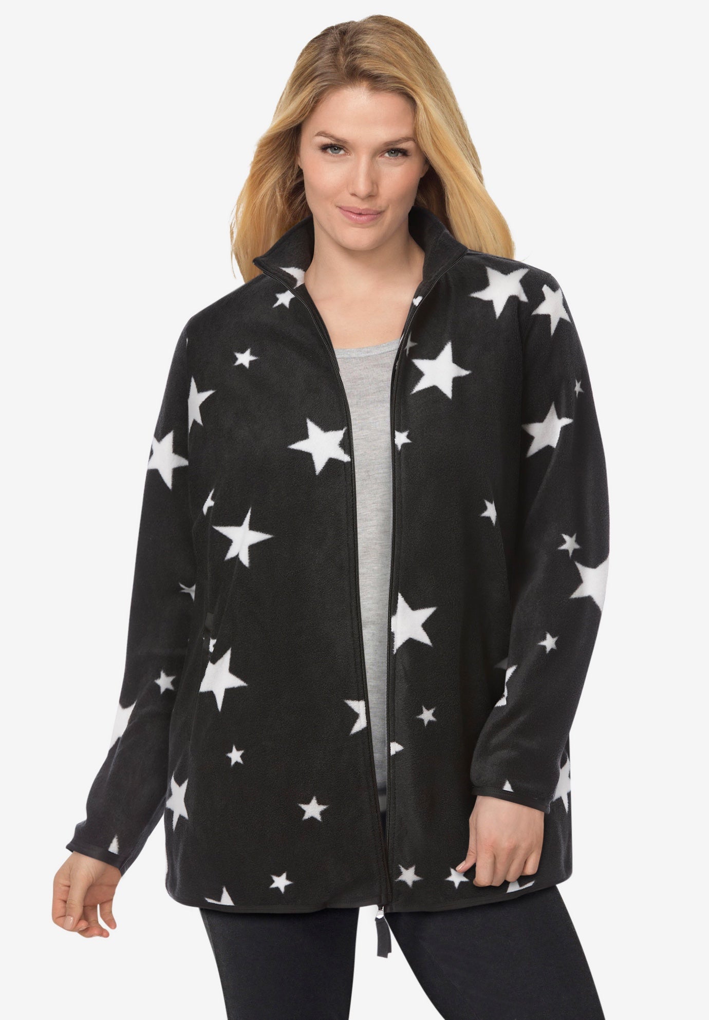 Plus Size Women's Zip-Front Microfleece Jacket by Woman Within in Black White Stars (Size 1X)