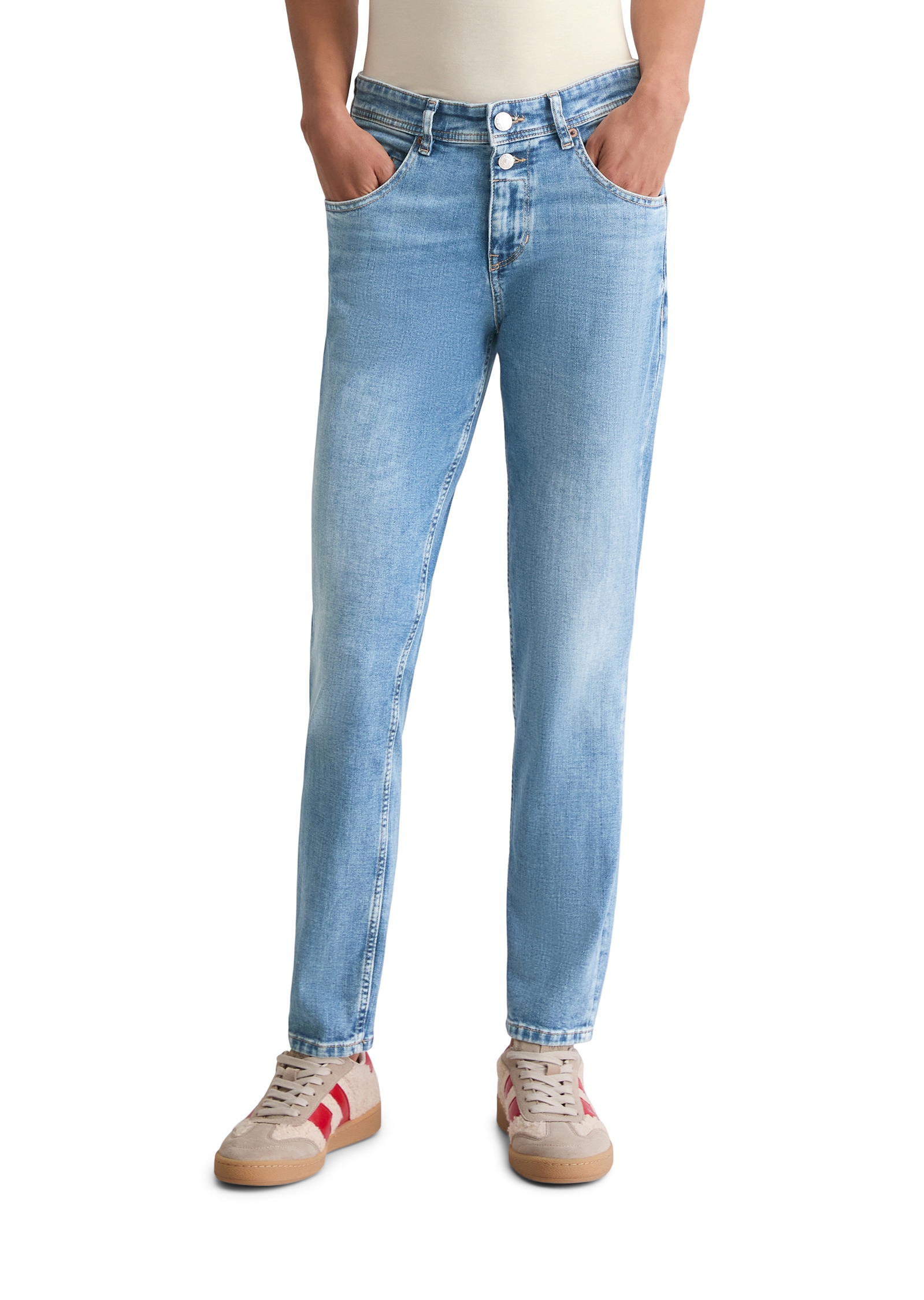 5-Pocket-Jeans MARC O'POLO "mit zwei Knöpfen", Damen, Gr. 30, Länge 30, medium blau, Obermaterial: 92% Baumwolle, 6% Elastomultiester, 2% Elasthan, unifarben, loose fit normal, Jeans 5-Pocket-Jeans