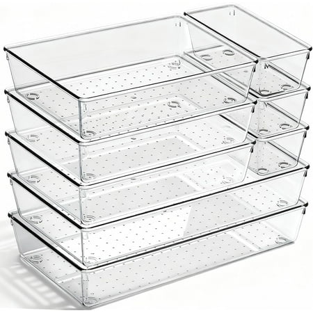 8 Pack Large Clear Plastic Drawer Organizer Trays - Acrylic Kitchen Drawer Dividers for Utensils - 3 Sizes Heavy Duty Home Organization Bins for Bathroom Makeup Bedroom Office Gadgets